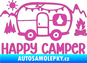 Samolepka Happy camper 002 pravá kempování s karavanem růžová