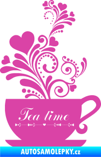 Samolepka Interiér 017 čas na čaj, hrníček s kytičkami růžová