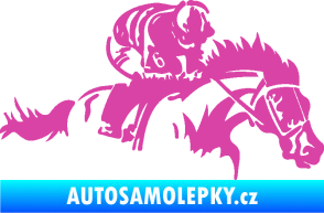Samolepka Kůň 075 pravá závod s jezdcem, dostihy růžová