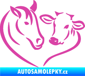 Samolepka Kůň s kravičkou v srdíčku levá láska ke zvířatům růžová