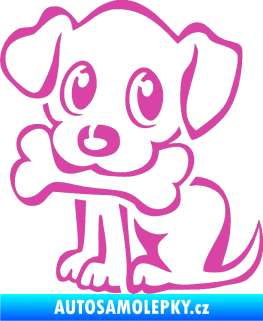 Samolepka Pes 076 levá štěnátko s kostičkou růžová