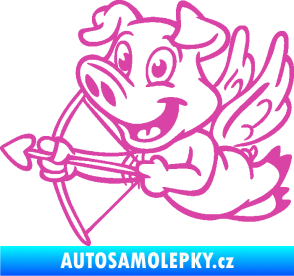 Samolepka Prase 005 levá s křídly a lukem růžová
