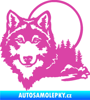Samolepka Vlk 007 levá s krajinou růžová