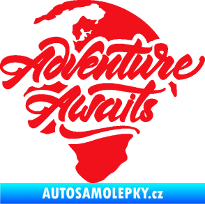 Samolepka Adventure Awaits dobrodružství čeká nápis se zeměkoulí červená