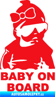 Samolepka Baby on board 001 pravá s textem miminko s brýlemi a s mašlí červená