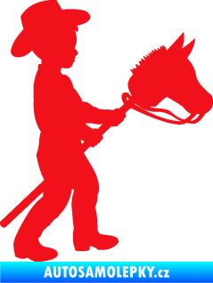 Samolepka Děti silueta 012 pravá kluk s dřevěným koníkem červená
