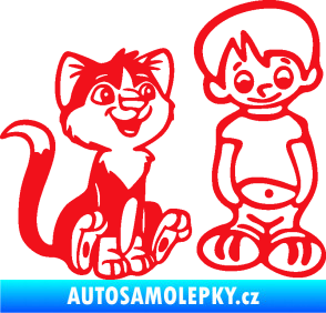 Samolepka Dítě v autě 097 pravá kluk a kočka červená