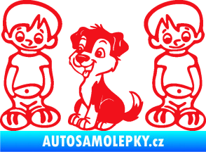 Samolepka Dítě v autě 103 levá dva kluci a pes červená