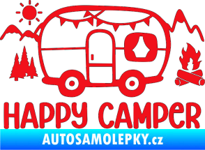Samolepka Happy camper 002 pravá kempování s karavanem červená