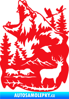 Samolepka Krajina hory 039 levá medvěd a lesní zvěř červená