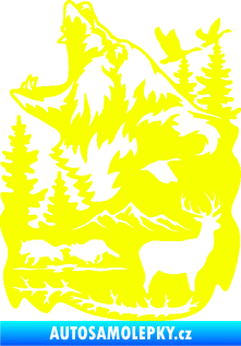 Samolepka Krajina hory 039 levá medvěd a lesní zvěř Fluorescentní žlutá