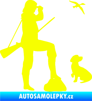 Samolepka Lov 003 pravá myslivkyně se psem Fluorescentní žlutá