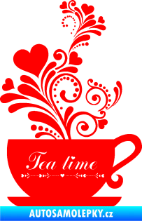 Samolepka Interiér 017 čas na čaj, hrníček s kytičkami Fluorescentní červená