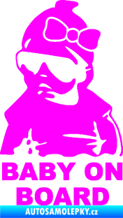 Samolepka Baby on board 001 levá s textem miminko s brýlemi a s mašlí Fluorescentní růžová