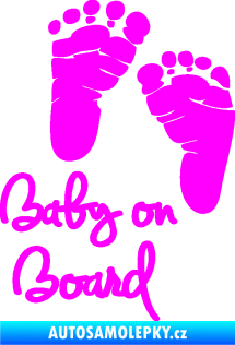 Samolepka Baby on board 006 otisk chodidel s textem Fluorescentní růžová