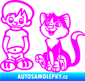 Samolepka Dítě v autě 097 levá kluk a kočka Fluorescentní růžová