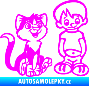 Samolepka Dítě v autě 097 pravá kluk a kočka Fluorescentní růžová