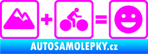 Samolepka Hory + kolo = veselý smajlík cyklista na horách Fluorescentní růžová