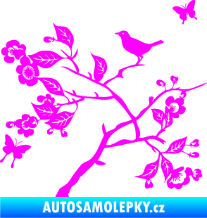 Samolepka Interiér 005 levá větvička s ptáčkem a motýlky Fluorescentní růžová