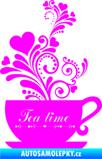 Samolepka Interiér 017 čas na čaj, hrníček s kytičkami Fluorescentní růžová