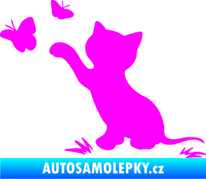 Samolepka Kočka 037 levá s motýlky Fluorescentní růžová
