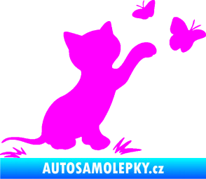 Samolepka Kočka 037 pravá s motýlky Fluorescentní růžová