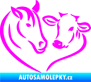 Samolepka Kůň s kravičkou v srdíčku levá láska ke zvířatům Fluorescentní růžová