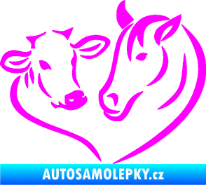 Samolepka Kůň s kravičkou v srdíčku pravá láska ke zvířatům Fluorescentní růžová