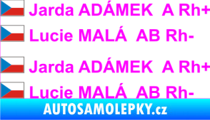 Samolepka Vlajka ČR se jménem a krevní skupinou Fluorescentní růžová