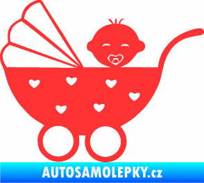 Samolepka Dítě v autě 070 levá kočárek s miminkem světle červená