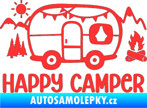 Samolepka Happy camper 002 pravá kempování s karavanem světle červená