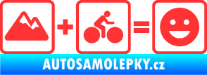 Samolepka Hory + kolo = veselý smajlík cyklista na horách světle červená