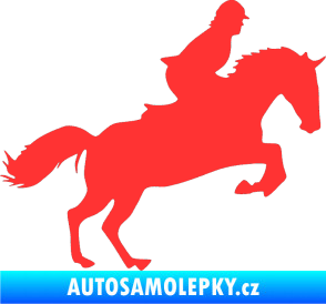 Samolepka Kůň 014 pravá skok s jezdcem světle červená