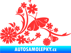 Samolepka Květina dekor 007 levá motýl s květy světle červená