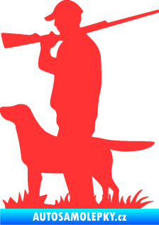 Samolepka Myslivec 005 levá se psem na lovu světle červená