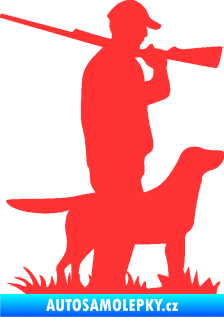 Samolepka Myslivec 005 pravá se psem na lovu světle červená
