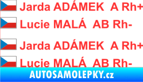Samolepka Vlajka ČR se jménem a krevní skupinou světle červená