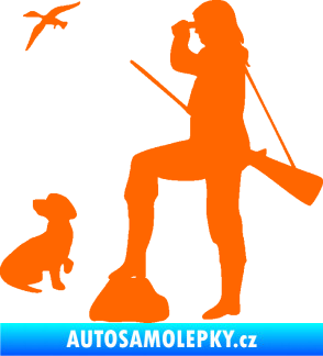 Samolepka Lov 003 levá myslivkyně se psem Fluorescentní oranžová