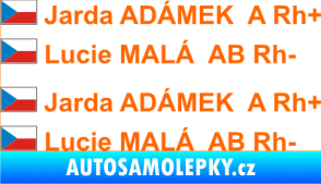 Samolepka Vlajka ČR se jménem a krevní skupinou Fluorescentní oranžová