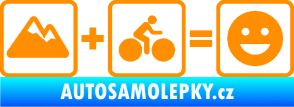 Samolepka Hory + kolo = veselý smajlík cyklista na horách oranžová