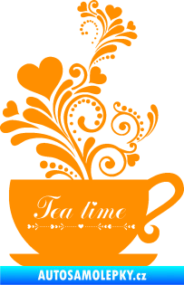 Samolepka Interiér 017 čas na čaj, hrníček s kytičkami oranžová