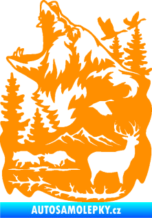 Samolepka Krajina hory 039 levá medvěd a lesní zvěř oranžová