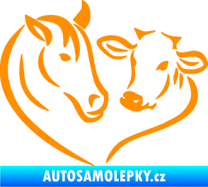 Samolepka Kůň s kravičkou v srdíčku levá láska ke zvířatům oranžová