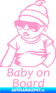 Samolepka Baby on board 003 levá s textem miminko s brýlemi světle růžová