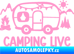 Samolepka Camping live 001 levá cestování v karavanu světle růžová