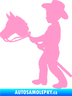 Samolepka Děti silueta 012 levá kluk s dřevěným koníkem světle růžová
