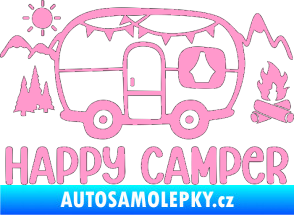 Samolepka Happy camper 002 pravá kempování s karavanem světle růžová