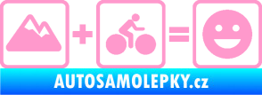 Samolepka Hory + kolo = veselý smajlík cyklista na horách světle růžová