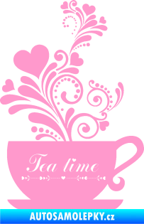 Samolepka Interiér 017 čas na čaj, hrníček s kytičkami světle růžová