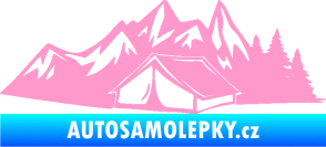 Samolepka Kempování 002 levá stan a hory světle růžová